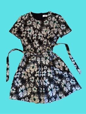 Blugirl Black Floral Short-Sleeve A-Line Dress with Self-Tie Belt